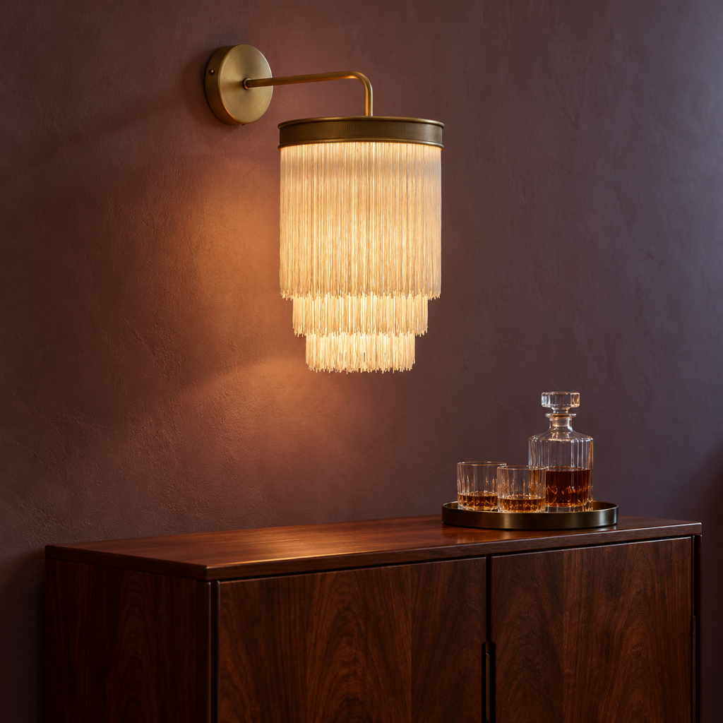 Aplique Herena con tres niveles de flecos textiles y acabado latón sobre un mueble bar de madera oscura, ante una pared ciruela.