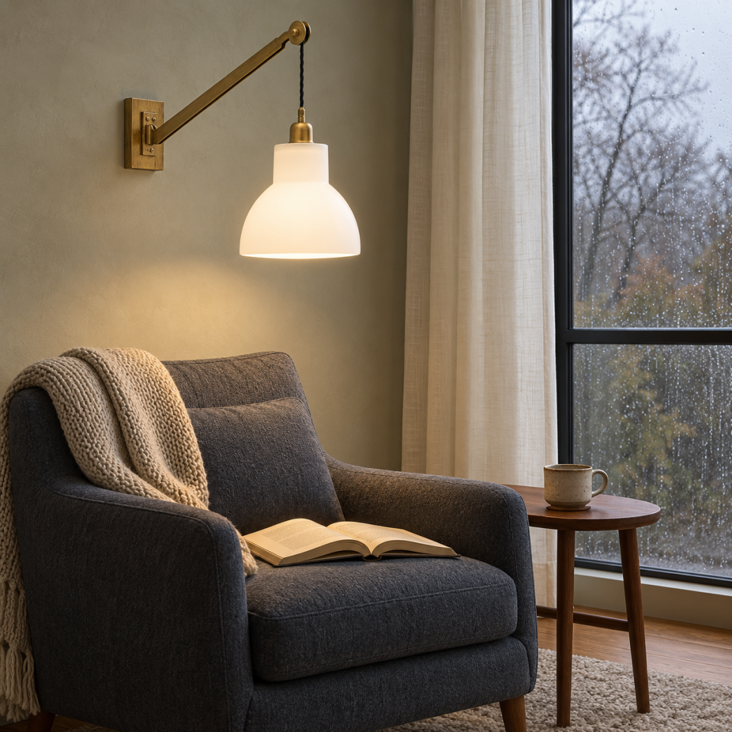 Aplique Euna de latón envejecido con polea y tulipa opal sobre un sillón con un libro abierto, junto a una ventana con lluvia.