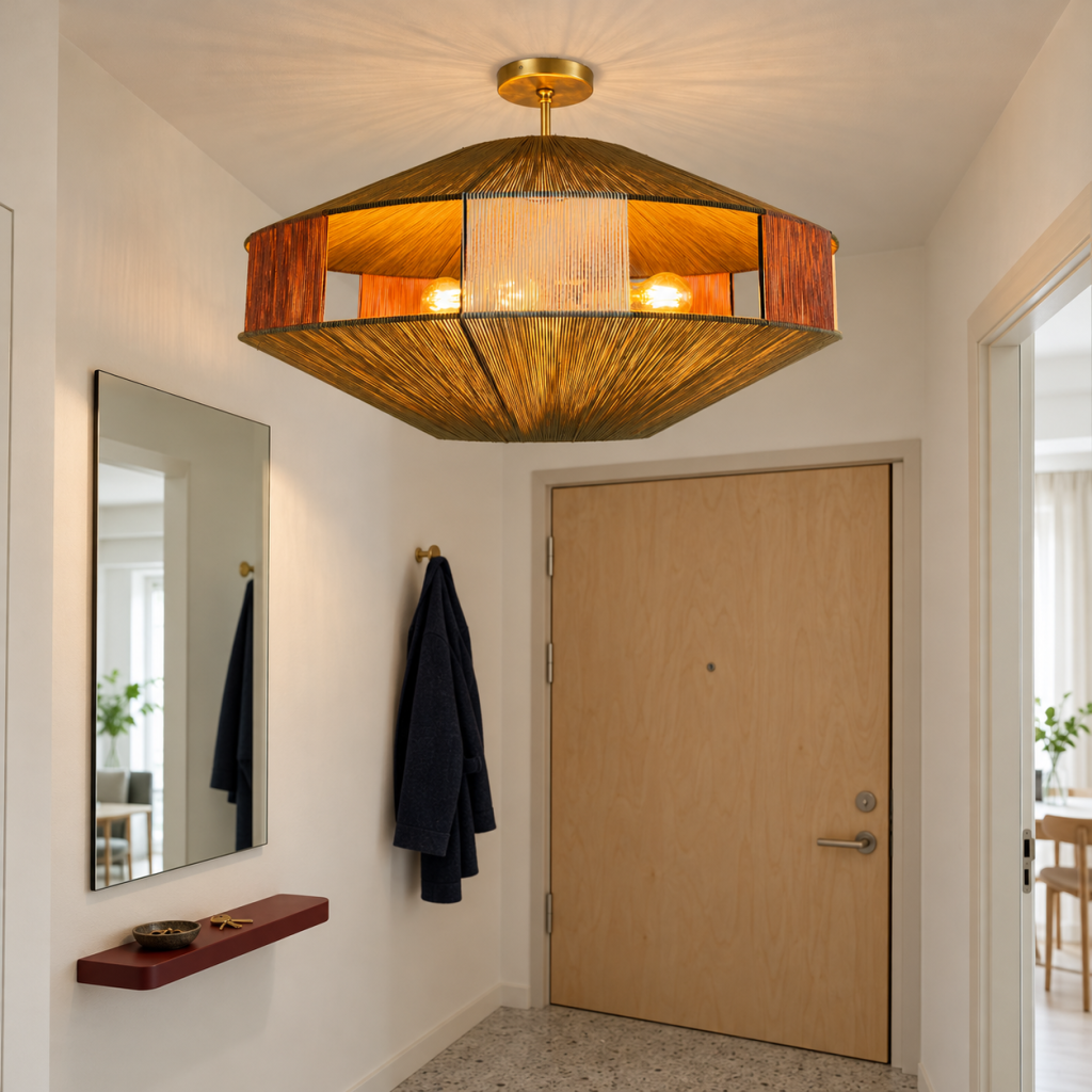 Plafón Elgar encendido, con hilos beige, naranja y blanco, en un recibidor pequeño con espejo y puerta de madera clara.