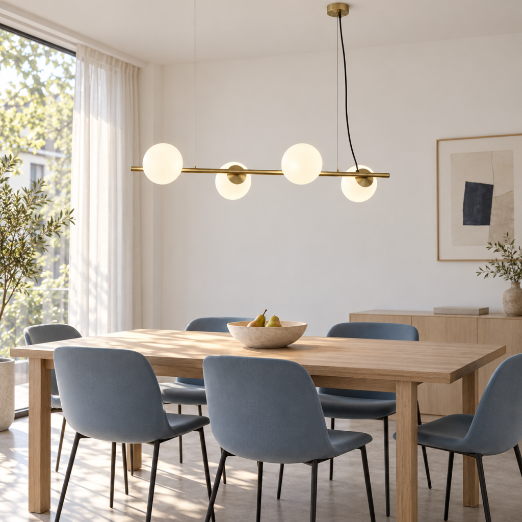 Lámpara Ventura de latón con cuatro globos de cristal opal sobre una mesa de madera clara rodeada de sillas azules.