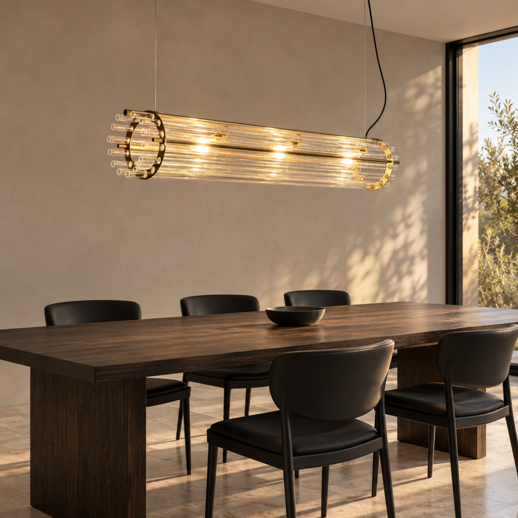 Lámpara Vanina encendida, con tubos de cristal transparente y estructura efecto latón, sobre una mesa de roble oscuro con sillas negras.