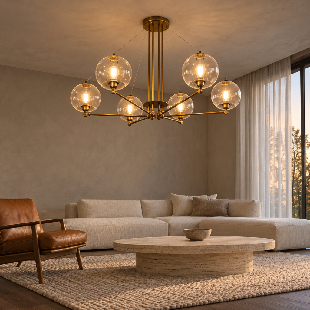 Lámpara Valia de latón envejecido con seis globos transparentes en un salón con sofá crema, butaca de cuero y mesa de travertino.