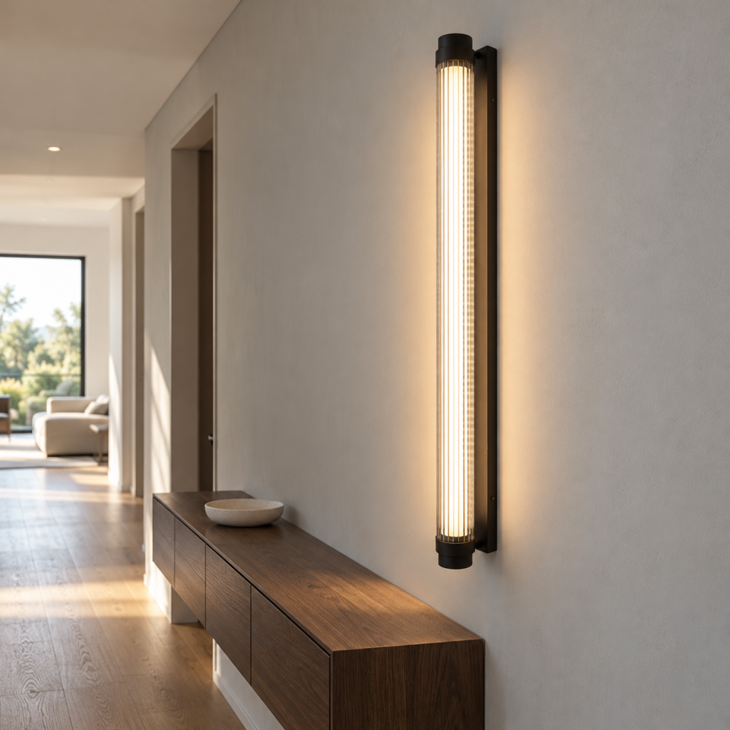Aplique Lucy encendido, con tubo vertical de cristal estriado y remates negros, sobre una consola de madera oscura en un pasillo contemporáneo.