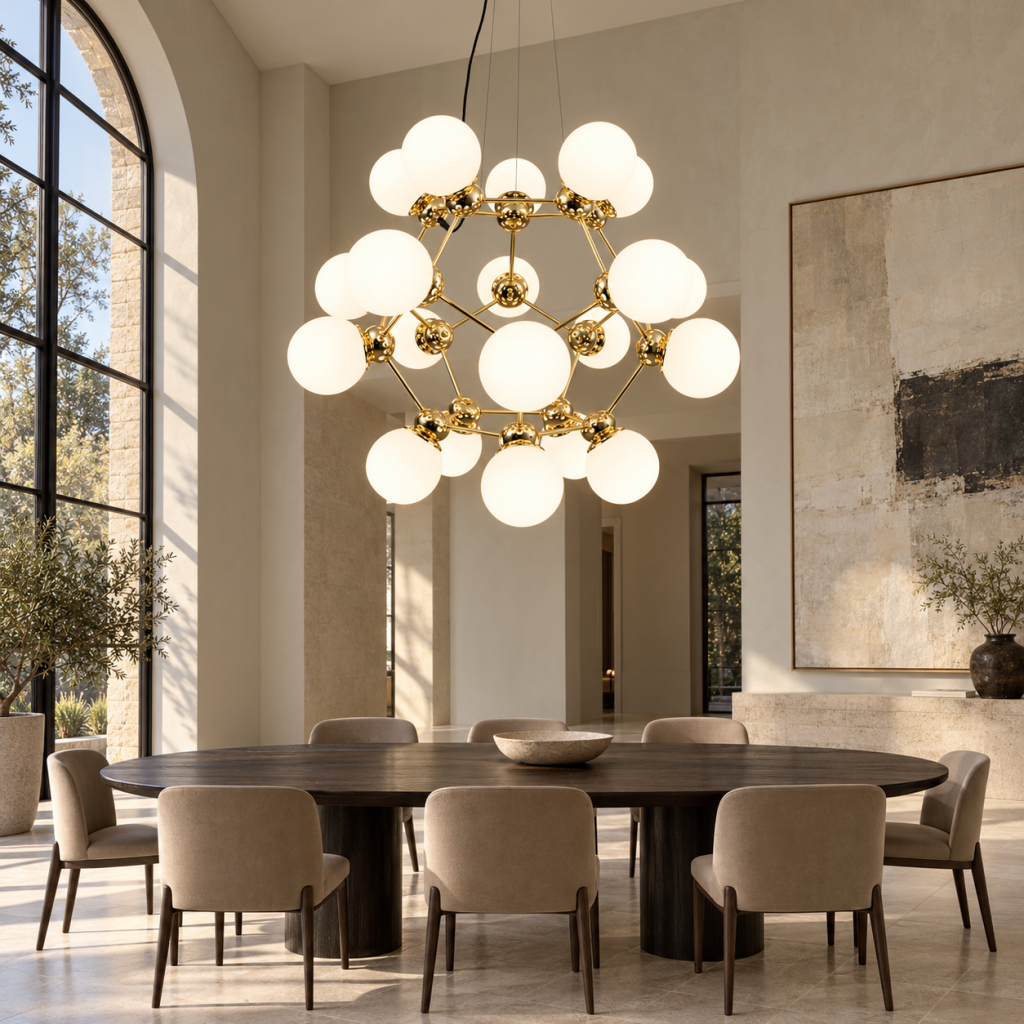 Lámpara Lea de estructura dorada y globos de cristal opal sobre una mesa ovalada de madera oscura en un comedor de techos altos.