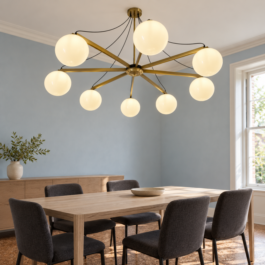 Lámpara Dimas de ocho brazos dorados y globos de cristal sobre una mesa de madera clara, con sillas grises y paredes azul suave.