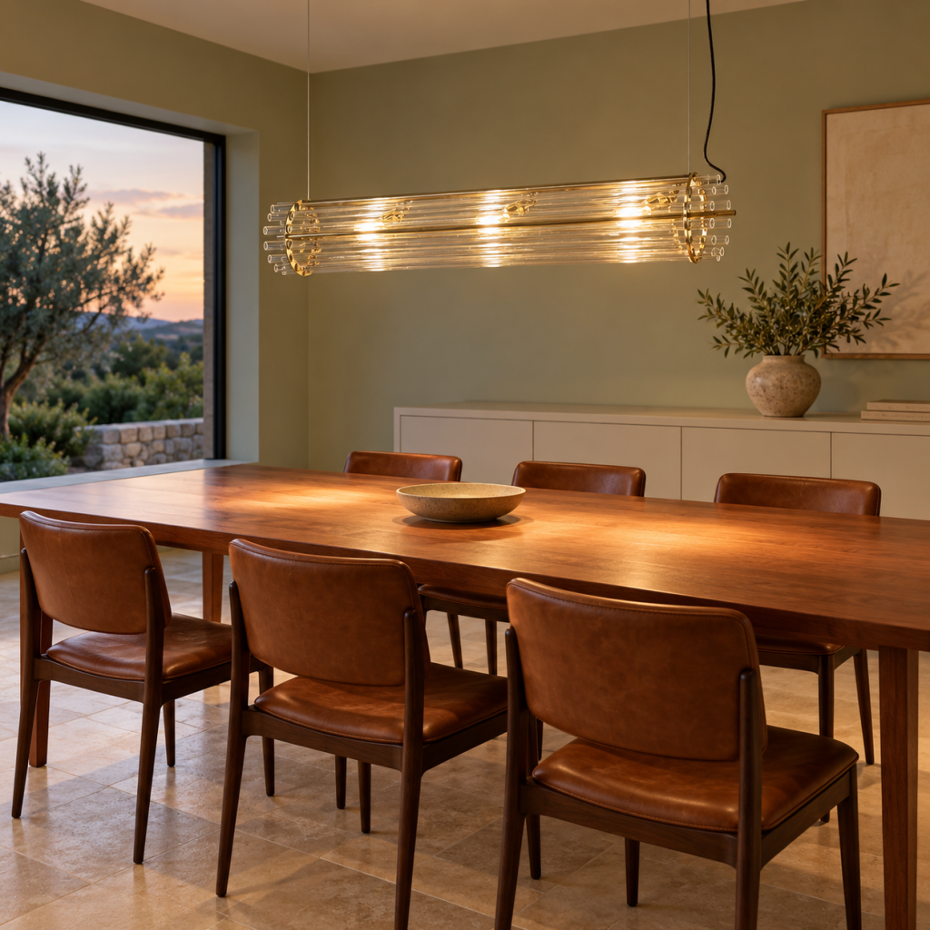 Lámpara lineal Vanina de cristal y latón encendida sobre una mesa rectangular de madera, acompañada de sillas de cuero marrón.