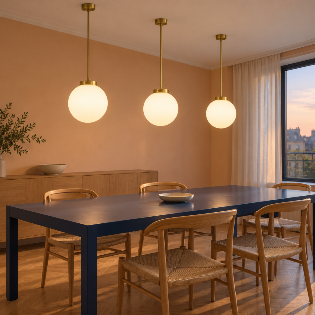 Lámpara lineal Vanina de cristal y latón encendida sobre una mesa rectangular de madera, acompañada de sillas de cuero marrón.