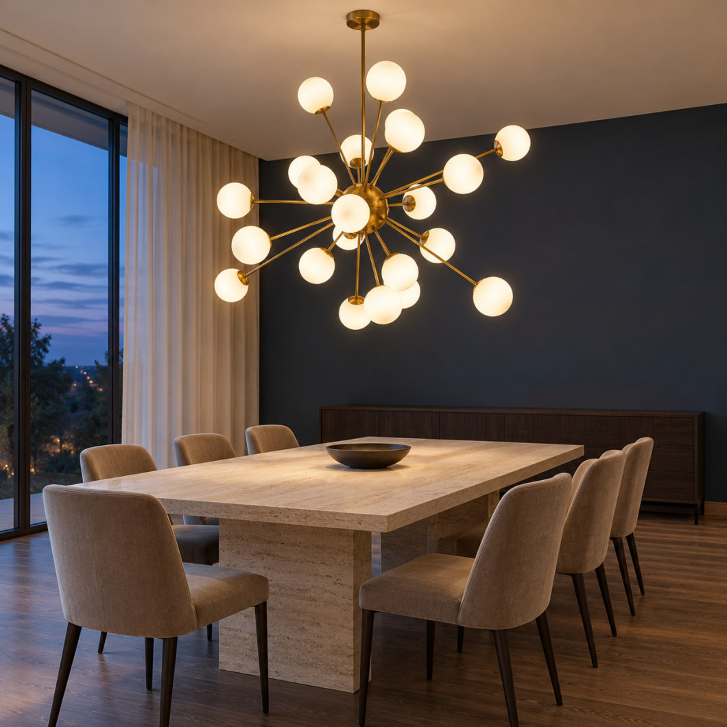 Lámpara Borja de estructura dorada y múltiples esferas opal sobre una mesa de travertino, en un comedor con pared azul oscuro.