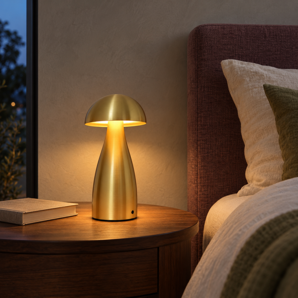 Lámpara Frey de latón encendida sobre una mesita de madera, junto a una cama con cabecero ciruela y textiles claros.