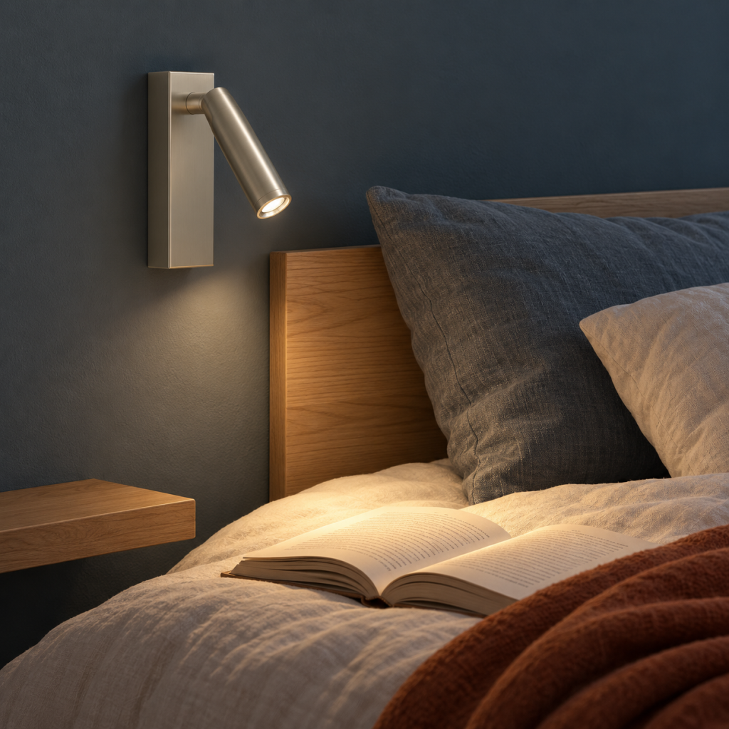 Aplique Ilidia de acabado plateado orientado hacia un libro abierto sobre la cama, junto a un cabecero de madera y una pared azul oscuro.