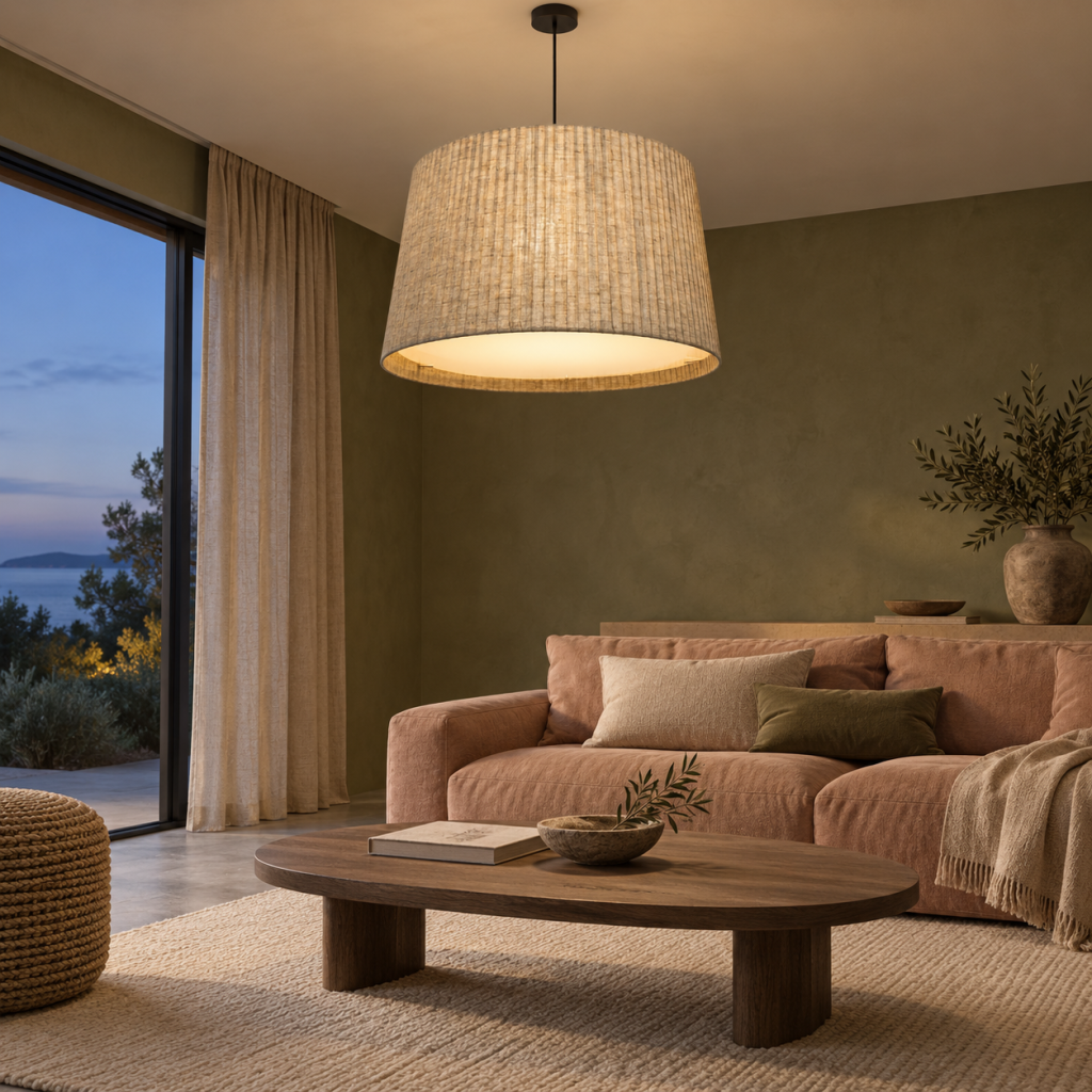 Lámpara Qadar de lino beige encendida sobre una mesa de madera, en un salón con sofá rosa tierra y paredes oliva.