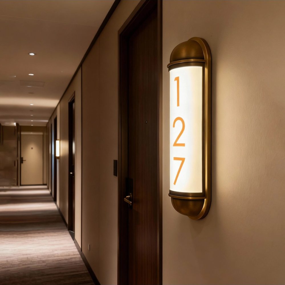 Aplique de pared vertical con iluminación integrada y número de habitación, instalado en el pasillo de un hotel.