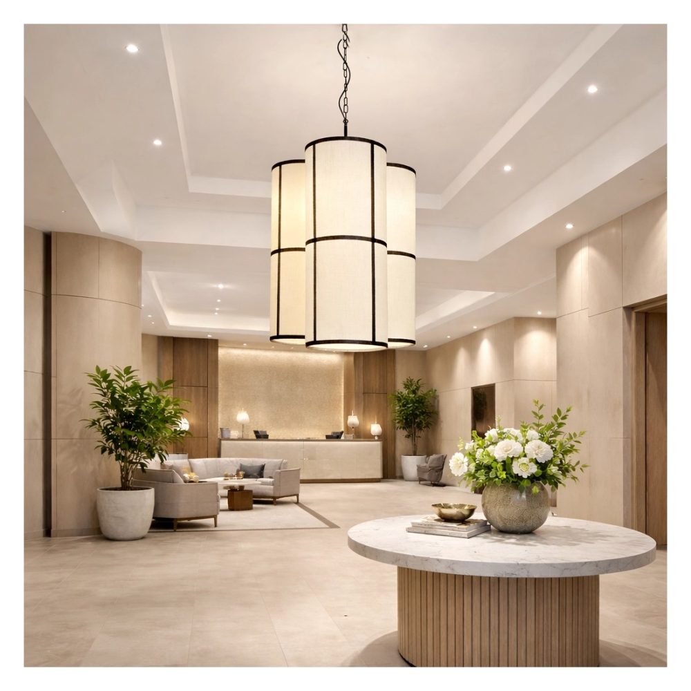 Lámpara colgante de gran formato con tres pantallas cilíndricas textiles en tono beige y detalles negros, instalada en un lobby moderno.